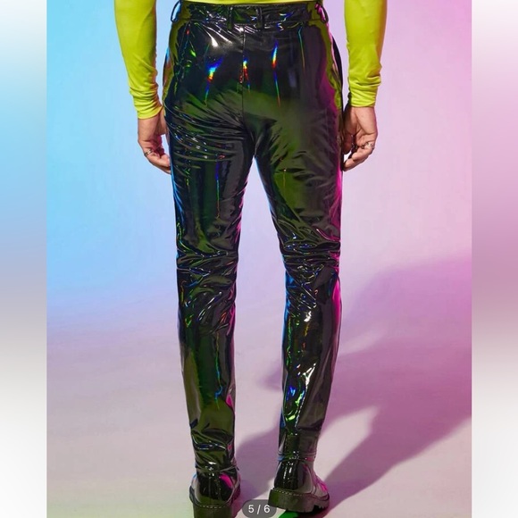 Men’s holographic zipper fly PU leather pants - Picture 2 of 10